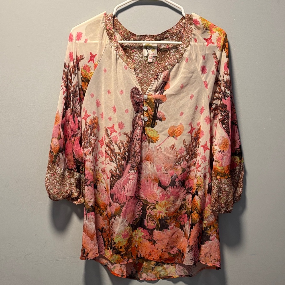 Anthropologie Fig and Flower Sheer Flowy Pink‎ and Cream Floral Blouse